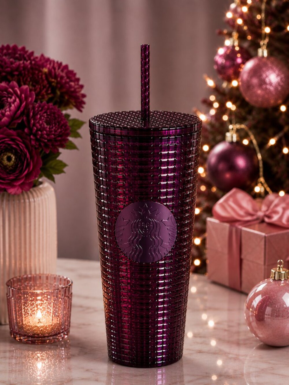 STARBUCKS Berry Plum Grid Disco Cold Cup Tumbler 24oz Venti Holiday 2020